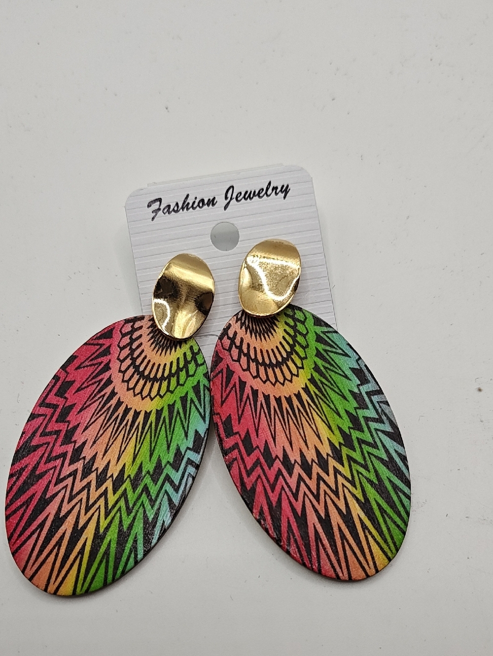 Wood Rainbow Chevron Oval Drop Earrings with Gold Studs Screw On